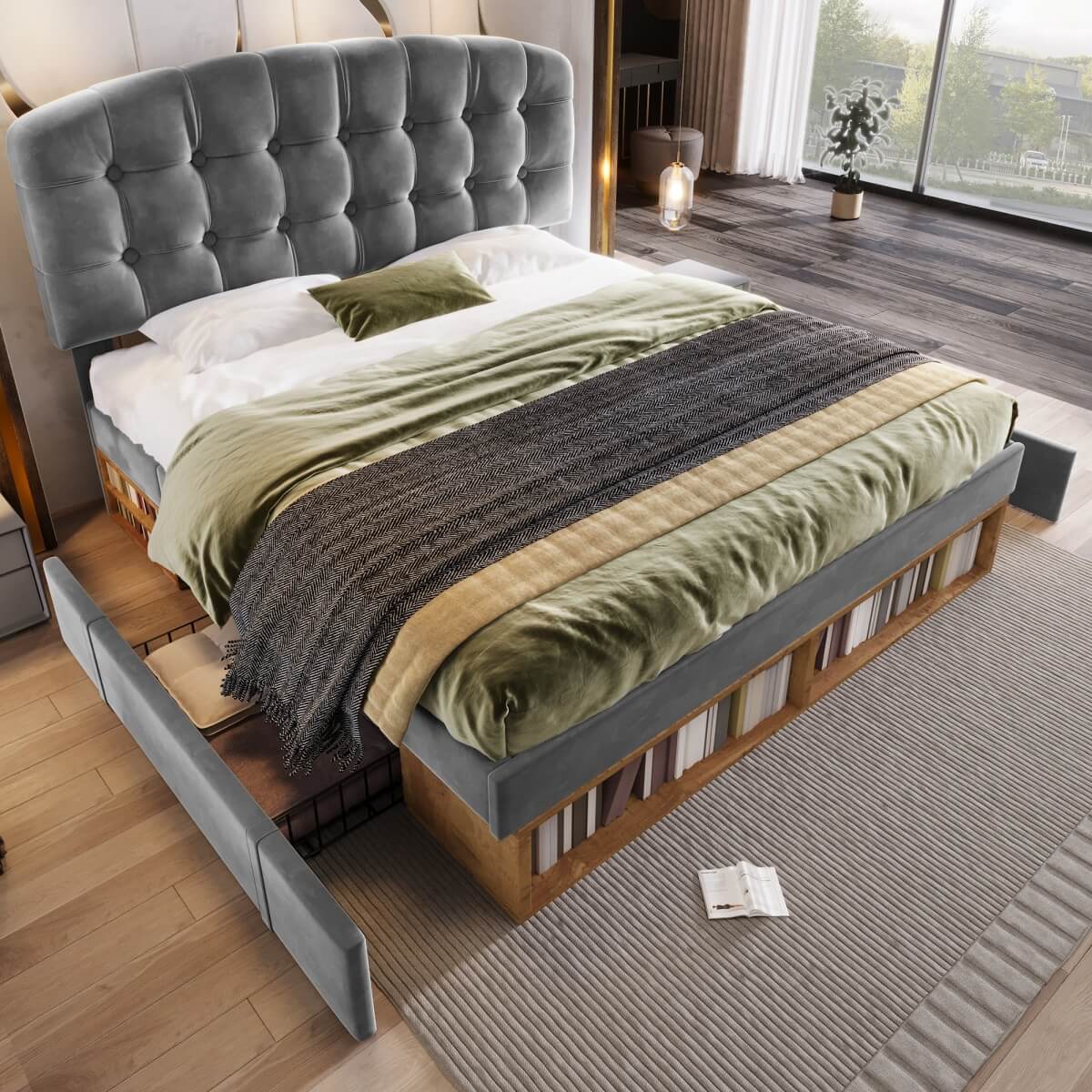 4ft6 Double Velvet Storage Bed - Upholstered Bed Frame with Drawers and Adjustable Headboard, Grey