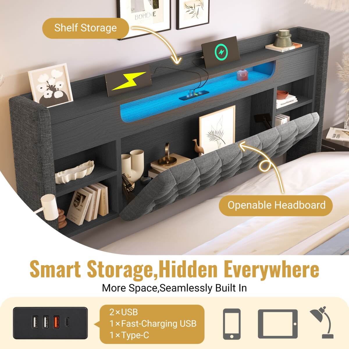 5ft King Size Upholstered Storage Bed with Hydraulic Lift - LED Lighting & Charging Station, Linen, Grey