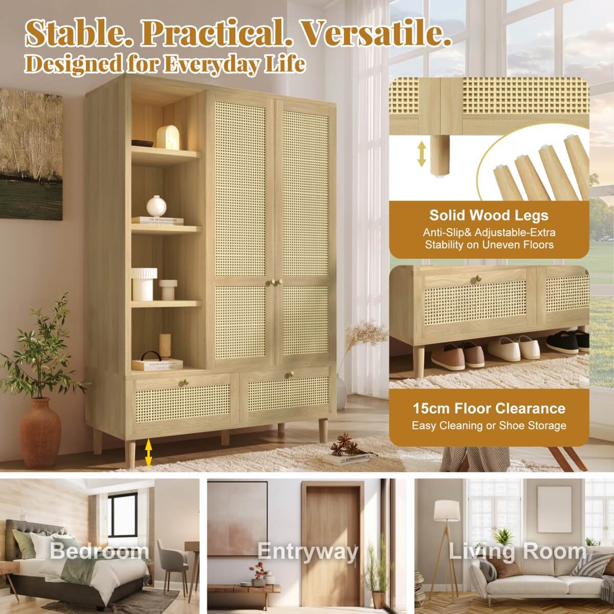Rattan 2-Door Wardrobe - Hanging Rail, 4 Storage Shelves, 2 Drawers and Anti-Tip Device, Oak Effect