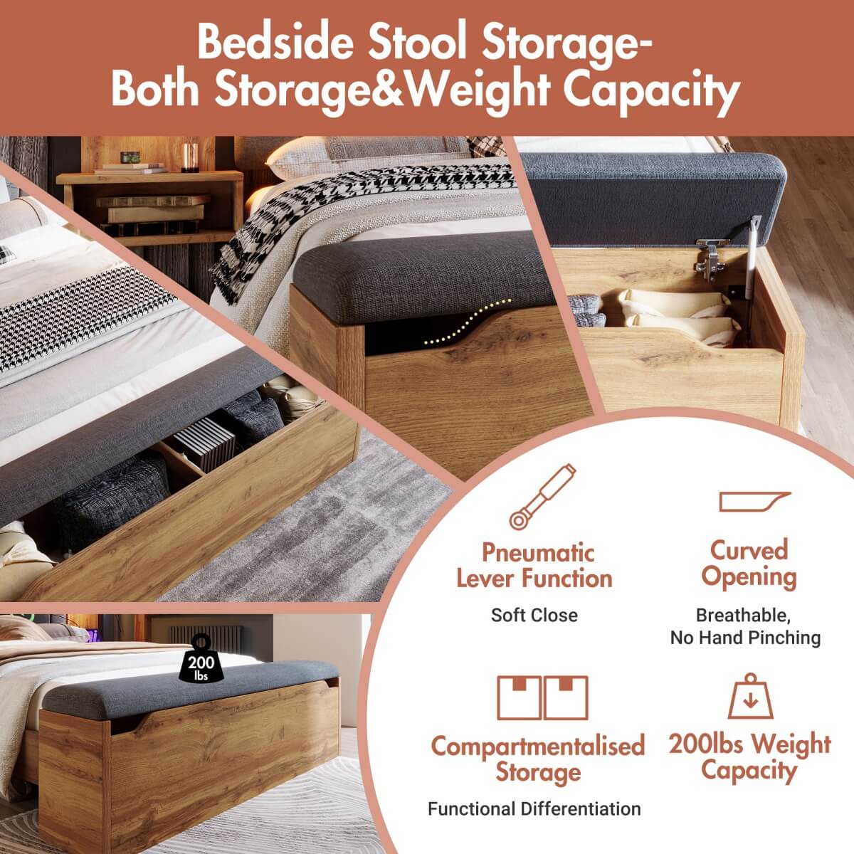 5ft King Upholstered Bed with Reading Lamp and USB-C Charging - Linen Bed Frame with Nightstand and Storage Bench, Oak