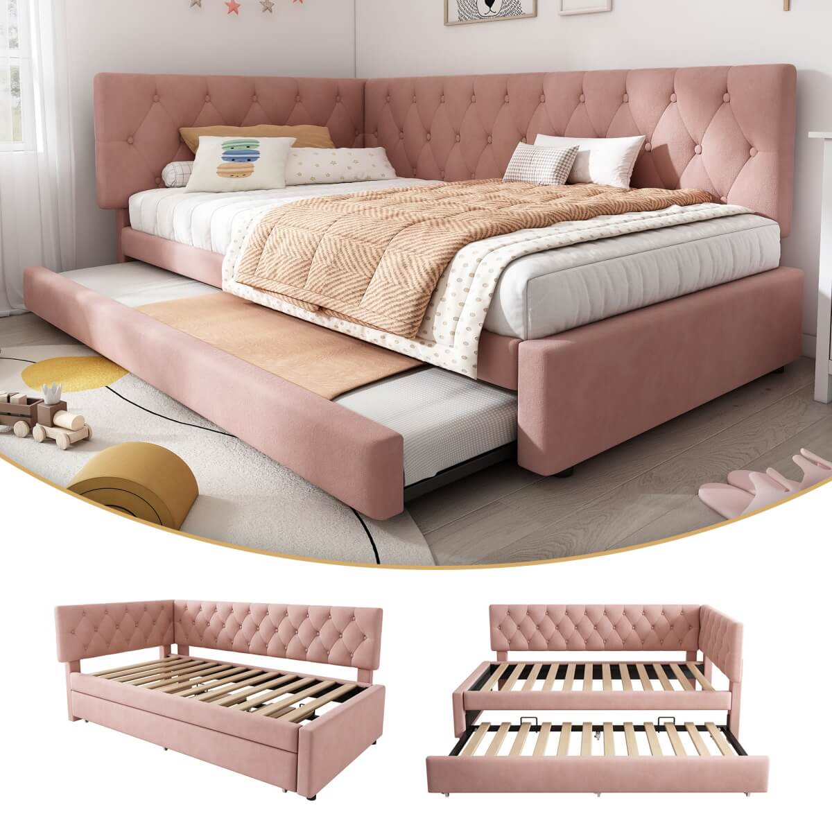 Upholstered Daybed with Pull-Out Bed - 3FT Single Sofa Bed 90x190cm, Trundle Guest Bed with Slatted Frame, Velvet