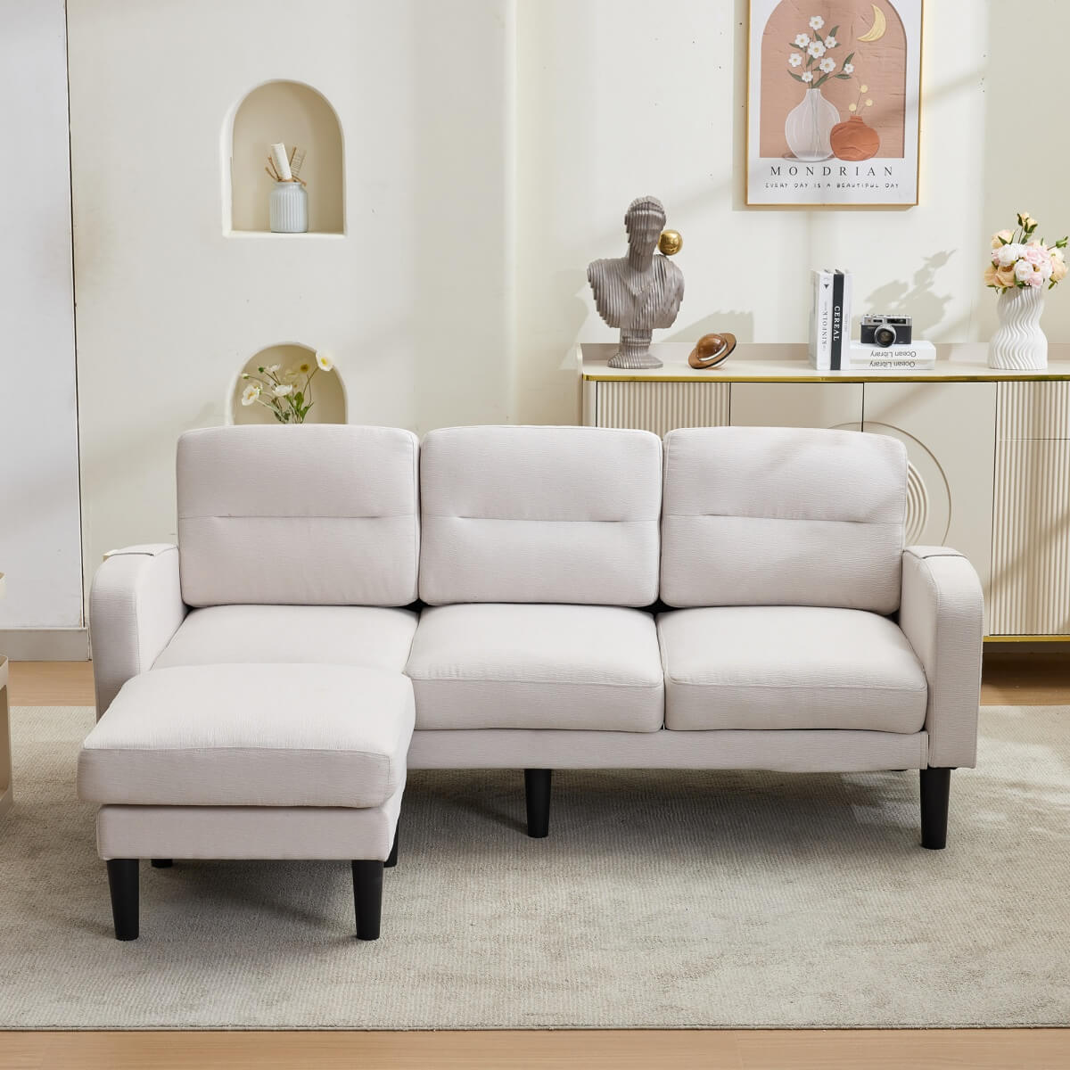 L-Shaped Corner Sofa - 3 Seater Modular Sectional Sofa with Chaise, Side Storage Pockets, Beige