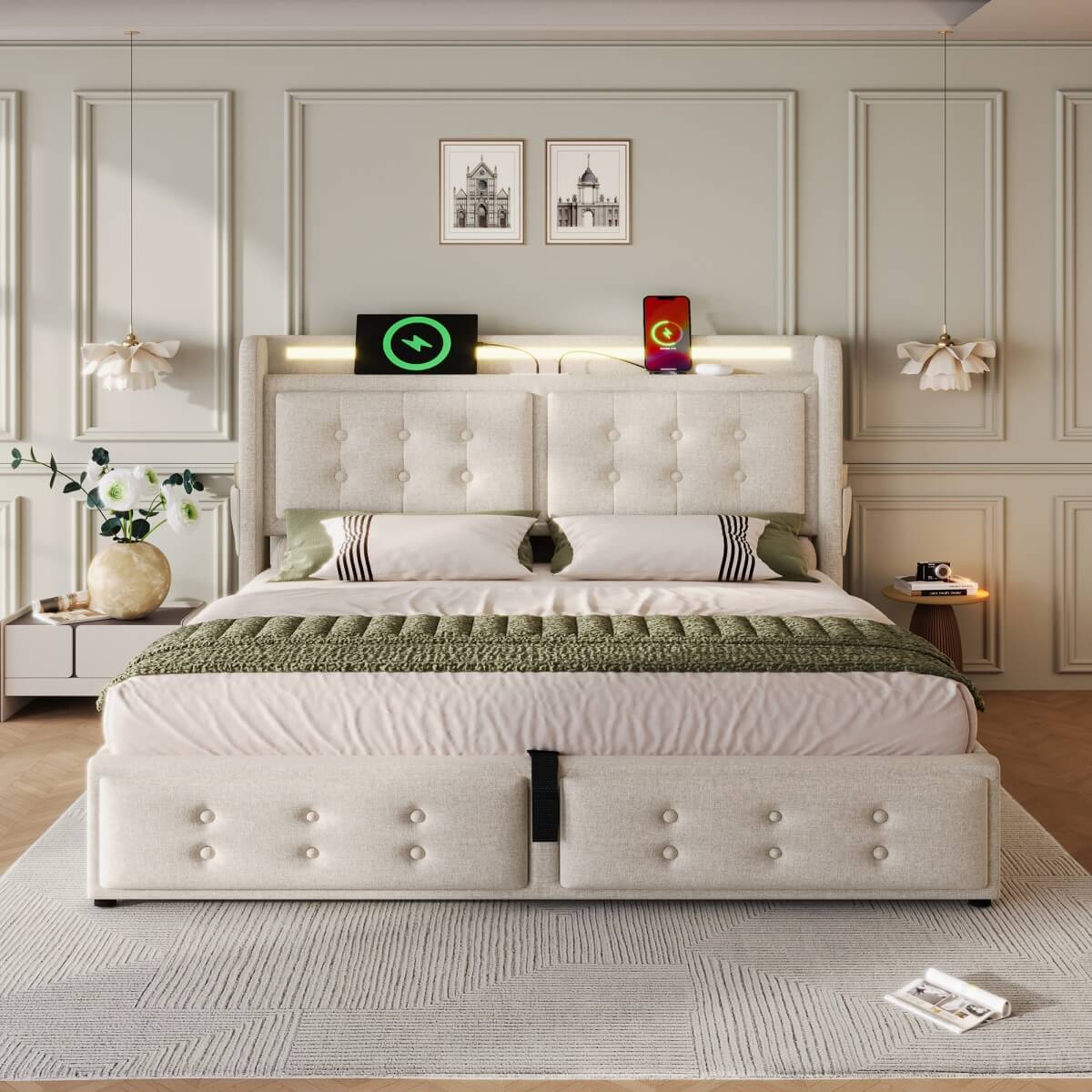 4ft6 Double Upholstered Storage Bed - Hydraulic Bed Frame with LED Headboard, USB & Type-C Charging, Linen, Beige