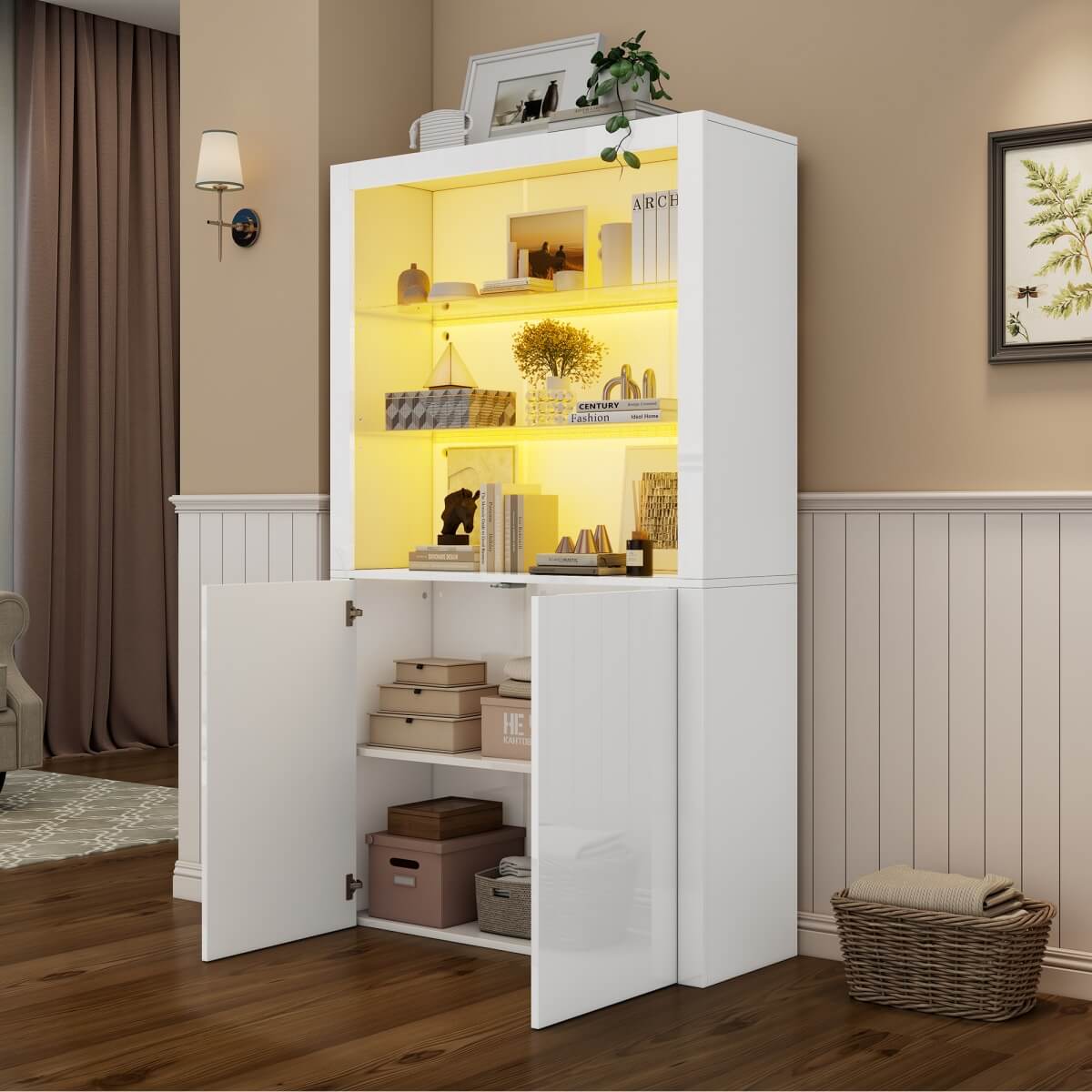 White High Gloss Display Cabinet - Tall Storage Cupboard with Tempered Glass Shelves, Doors & LED Lights