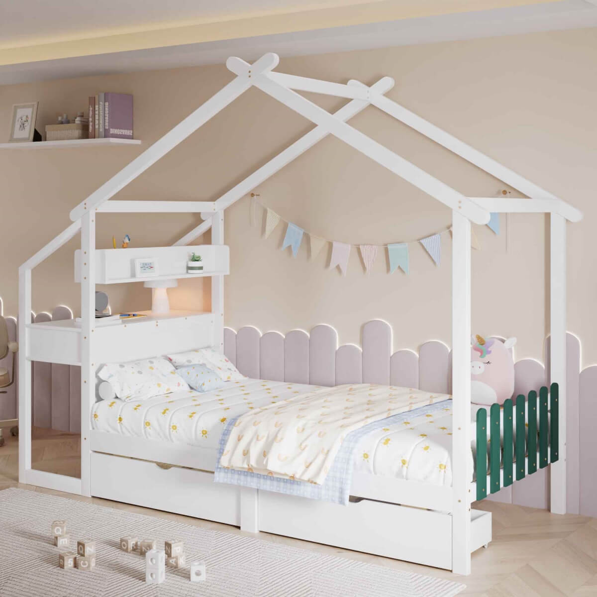 3ft Single Children's Wooden Storage Bed with Desk - Treehouse Design with Drawers, Small Shelf and Sturdy MDF and Pinewood Frame, White