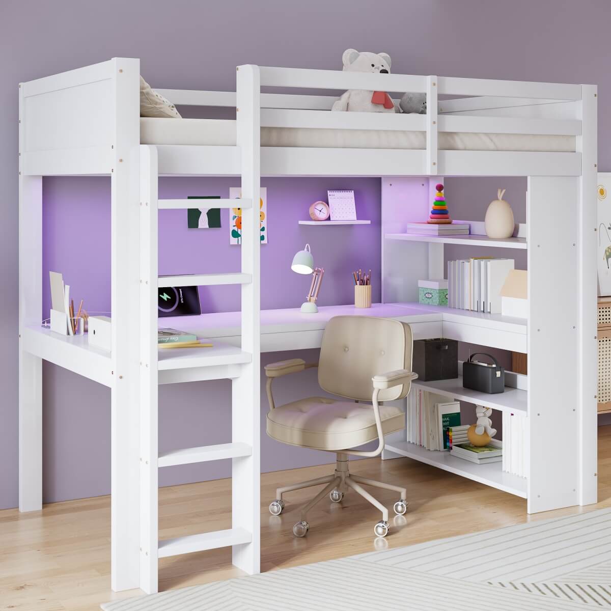 3ft Single Wooden Loft Bed - Bunk Bed with LED Lights, Charging Ports, Storage Shelves, Desk & 5-Step Ladder, White