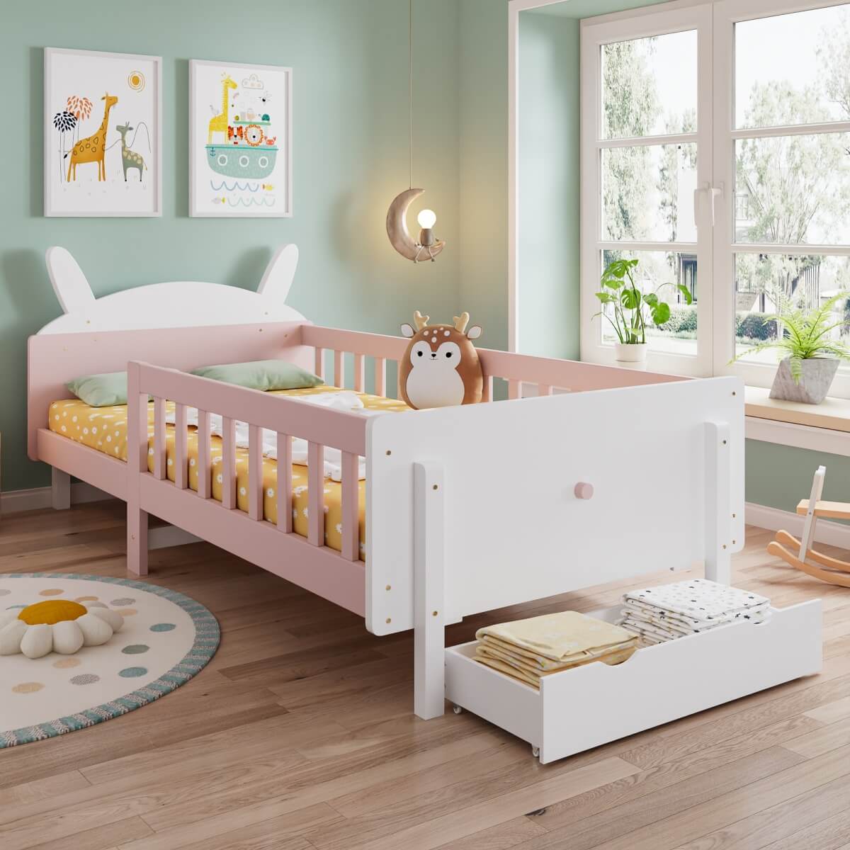 3ft Single Children's Rabbit-Shaped Bed - Wooden Storage Bed with Safety Guardrail, Drawer and Sturdy Slatted Base, White and Pink