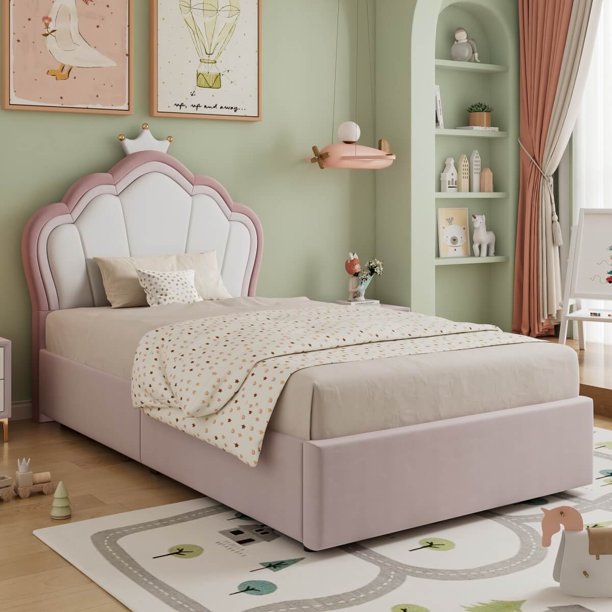 3ft Single Upholstered Storage Bed - Velvet Hydraulic Bed Frame with Lift-Up Storage, Kids Bed, Pink