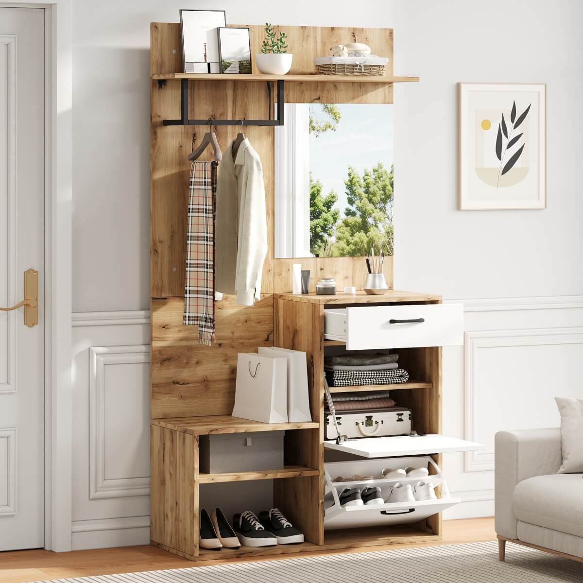 7-in-1 Hallway Storage Unit with Mirror — Coat Rack, Shoe Bench & Cabinet, High Gloss Hall Tree