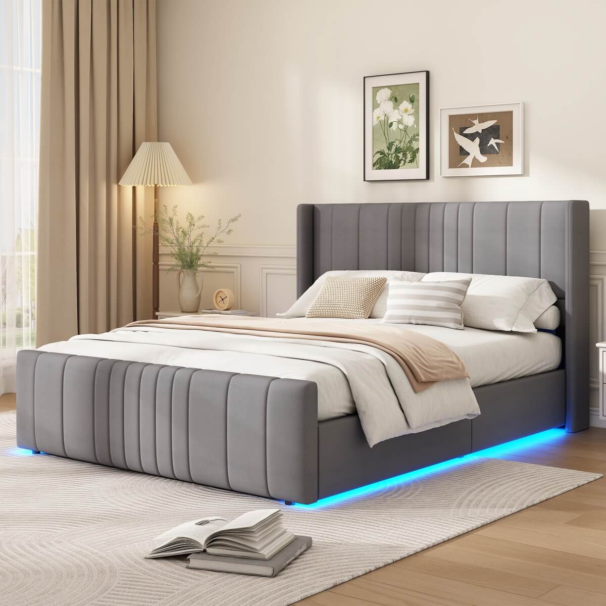 4ft6 Double Velvet Ottoman Storage Bed with LED Lighting - Upholstered Hydraulic Bed Frame with Plywood Base, Grey
