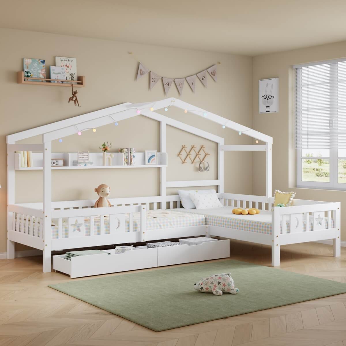 3ft Single Children's Wooden House Bed - Storage Bed with LED Strip Light, Safety Guardrail and 2 Wheeled Drawers, White