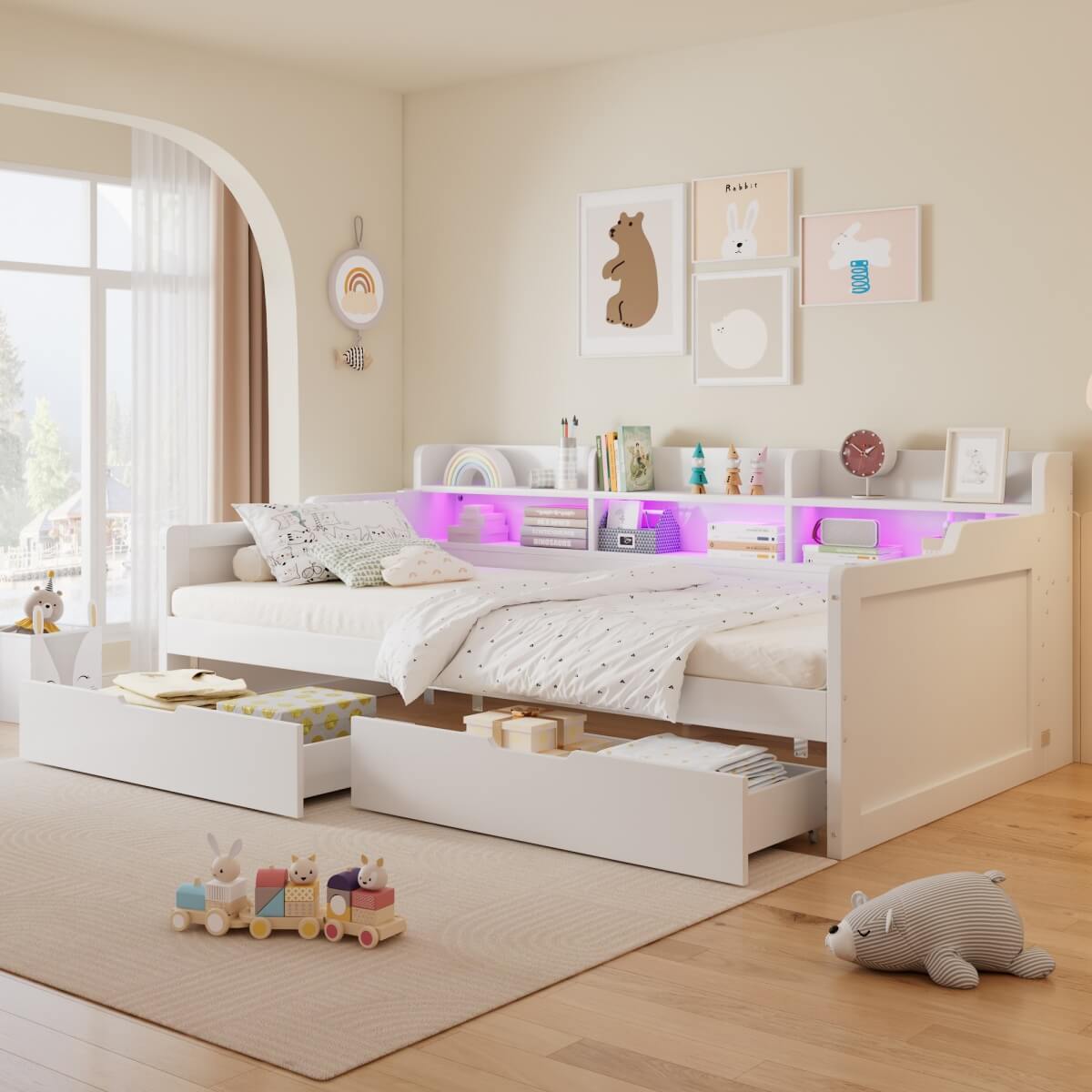 3ft Single Wooden Storage Daybed with LED Strip Lights - 2 Wheeled Storage Drawers and Sturdy Slatted Base, White