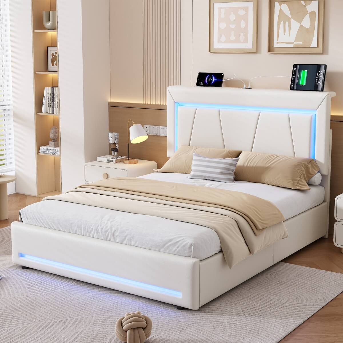 4ft6 Double Upholstered Storage Bed with LED Light Strips & USB Type-C Charging - Velvet Bed Frame with 4 Wheeled Drawers, Soft Backrest & Slatted Base, Grey
