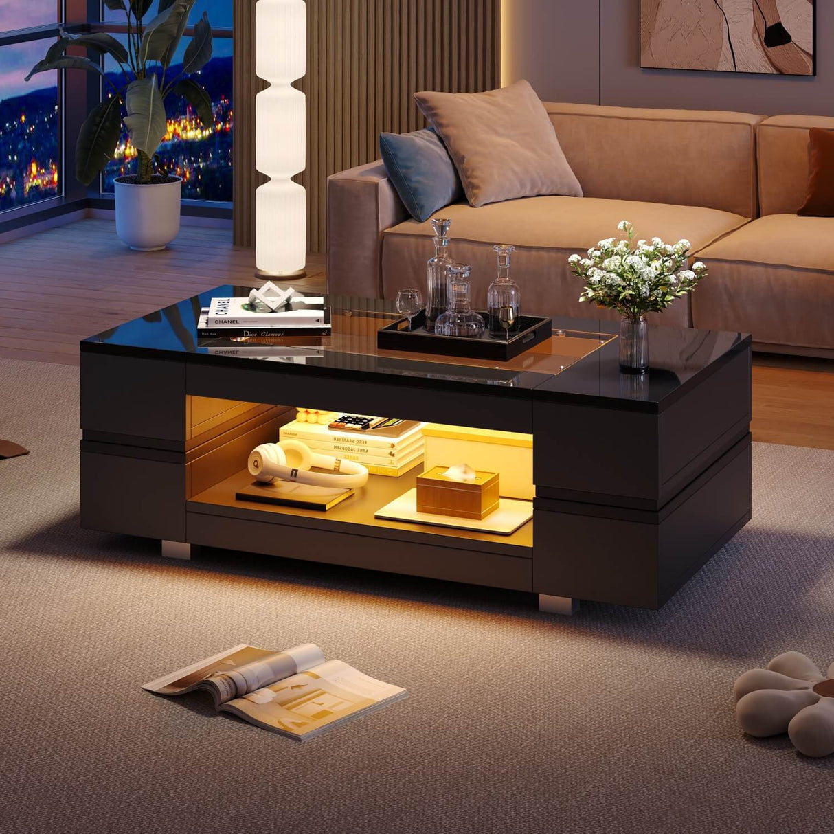 High Gloss Coffee Table with LED Lights – Black Centre Table with Glass Top & Open Storage