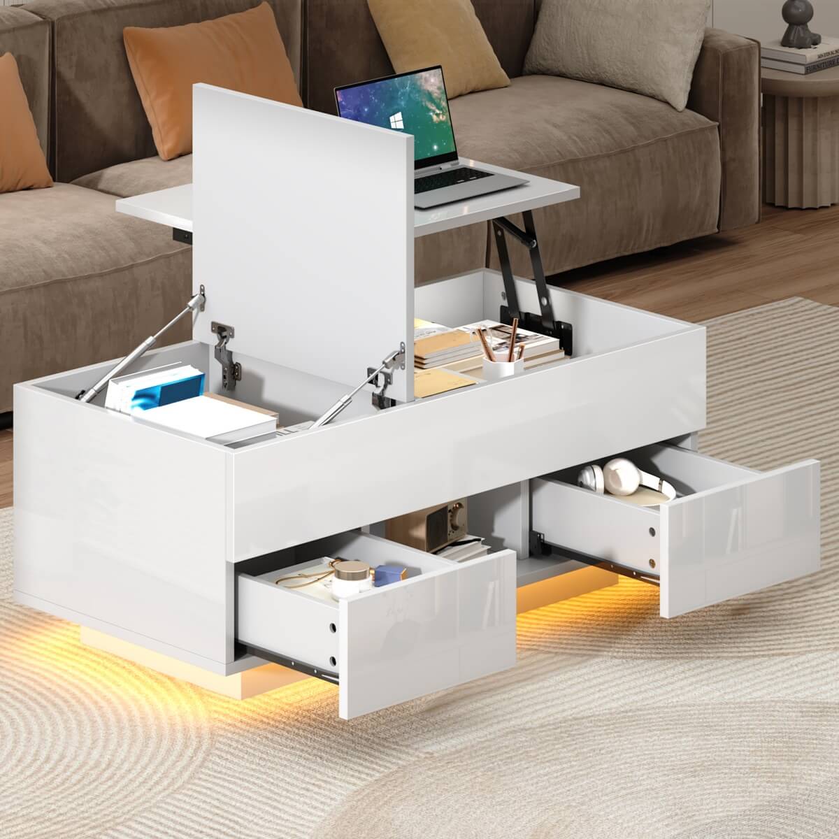 Lift-Top Coffee Table with LED Lights - High Gloss Centre Table with 2 Drawers & Hidden Storage for Living Room