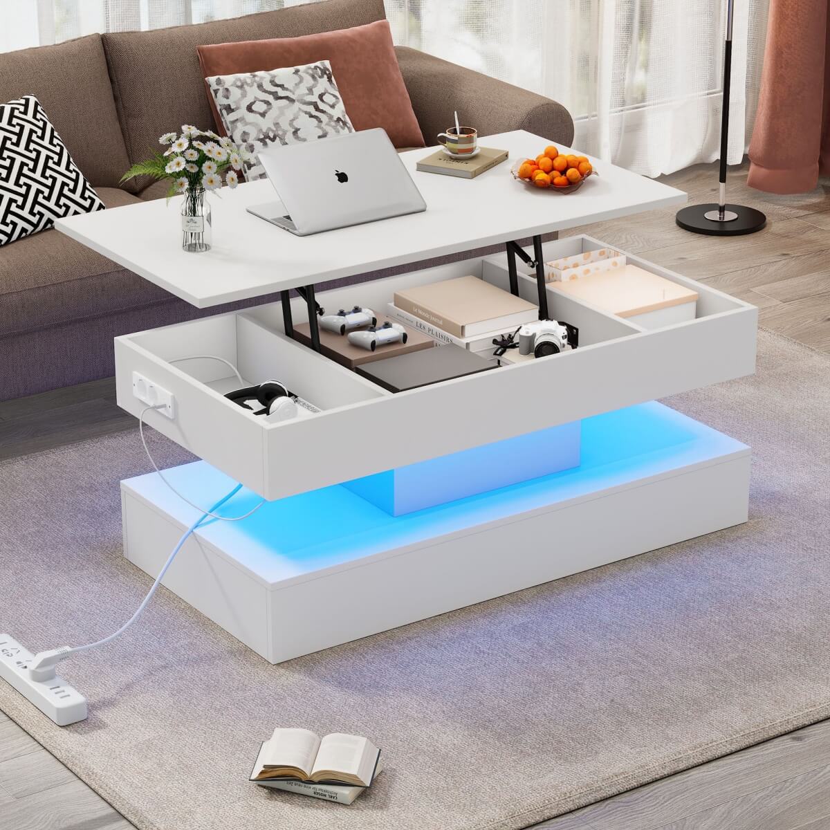 LED Lift Top Coffee Table - Modern Storage Table with Hidden Compartment