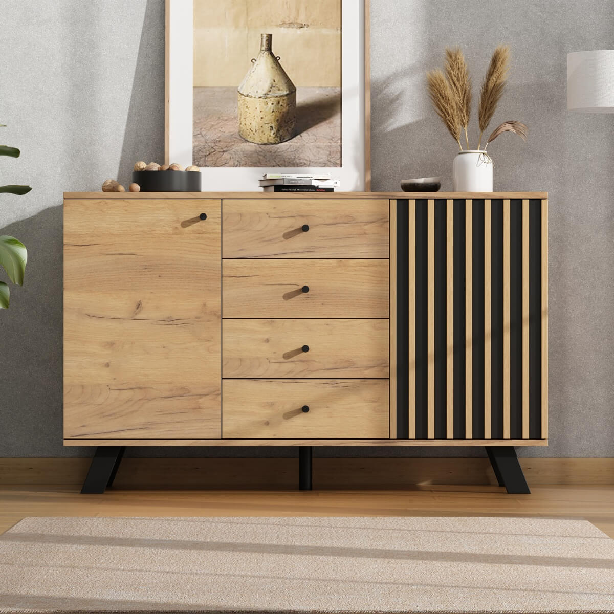 Dark Oak Effect Sideboard with 4 Drawers and 2 Doors - Wooden Storage Cabinet with Slatted Door Design