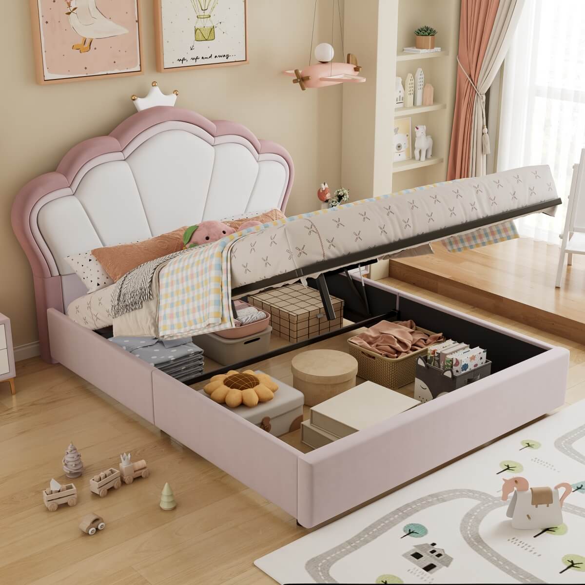 4ft6 Double Upholstered Storage Bed - Velvet Hydraulic Bed Frame with Lift-Up Storage Function, Pink