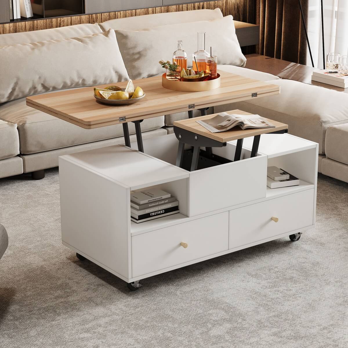 Lift-Top Coffee Table with Storage & Wheels - Extendable Dual Platform Living Room Centre Table
