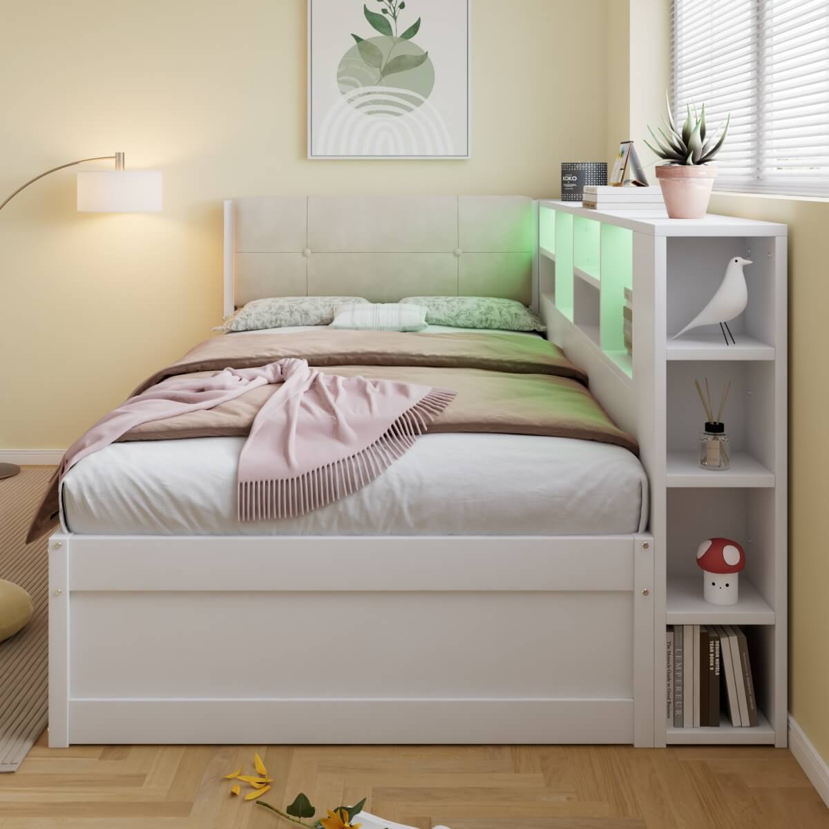 3ft Single Wooden Storage Bed with LED Lights - Bed Frame with Upholstered Headboard, Charging Port, Storage Compartments and 2 Wheeled Drawers, White