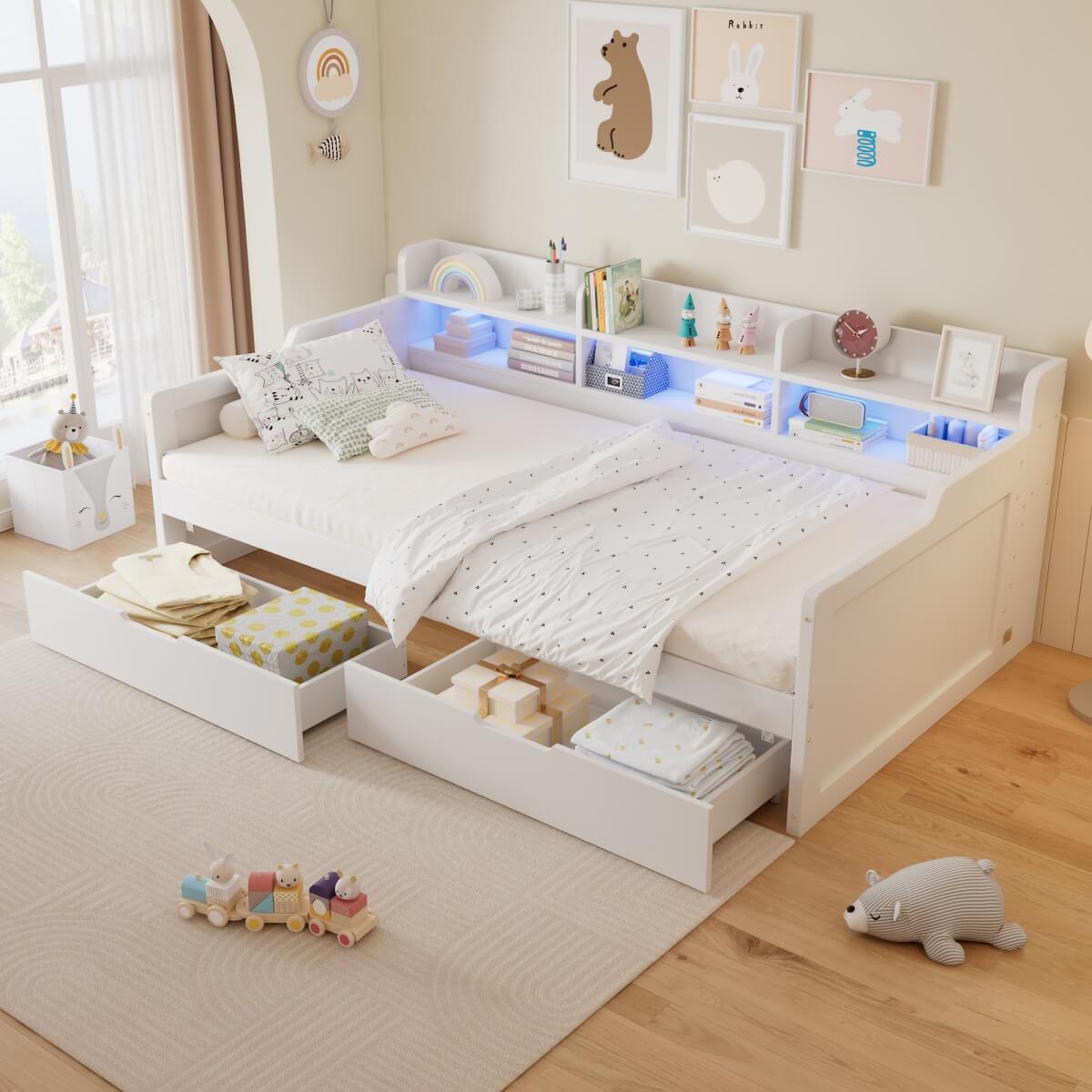 3ft Single Wooden Storage Daybed with LED Strip Lights - 2 Wheeled Storage Drawers and Sturdy Slatted Base, White