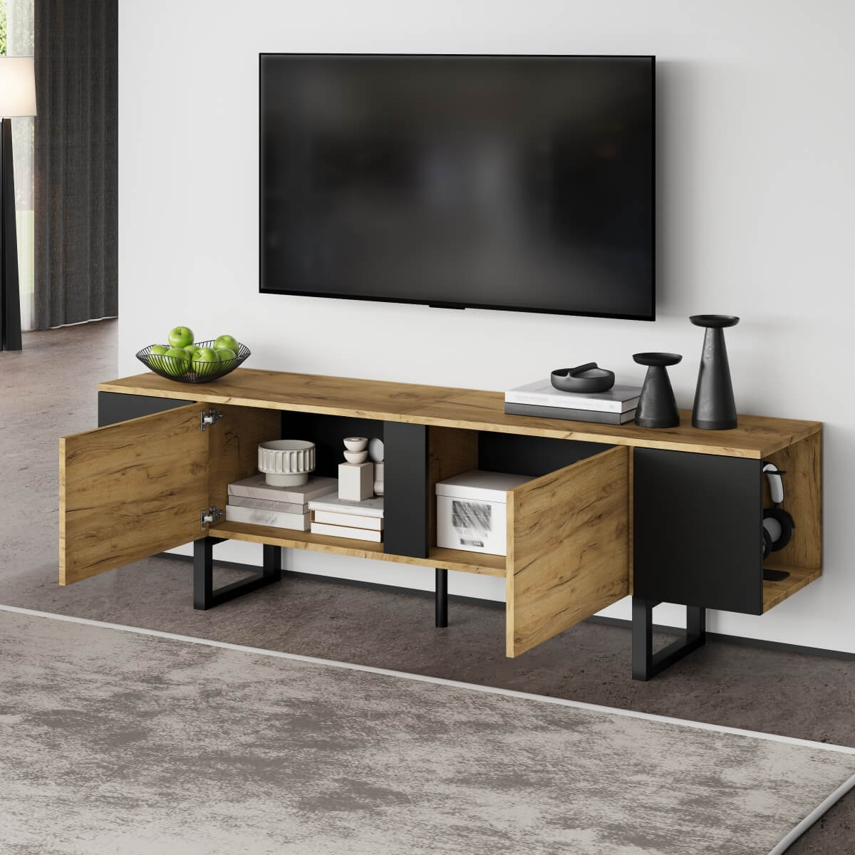 TV Unit - 2 Cabinets and Open Storage, Fits up to 75 Inch TV, Wood and Black