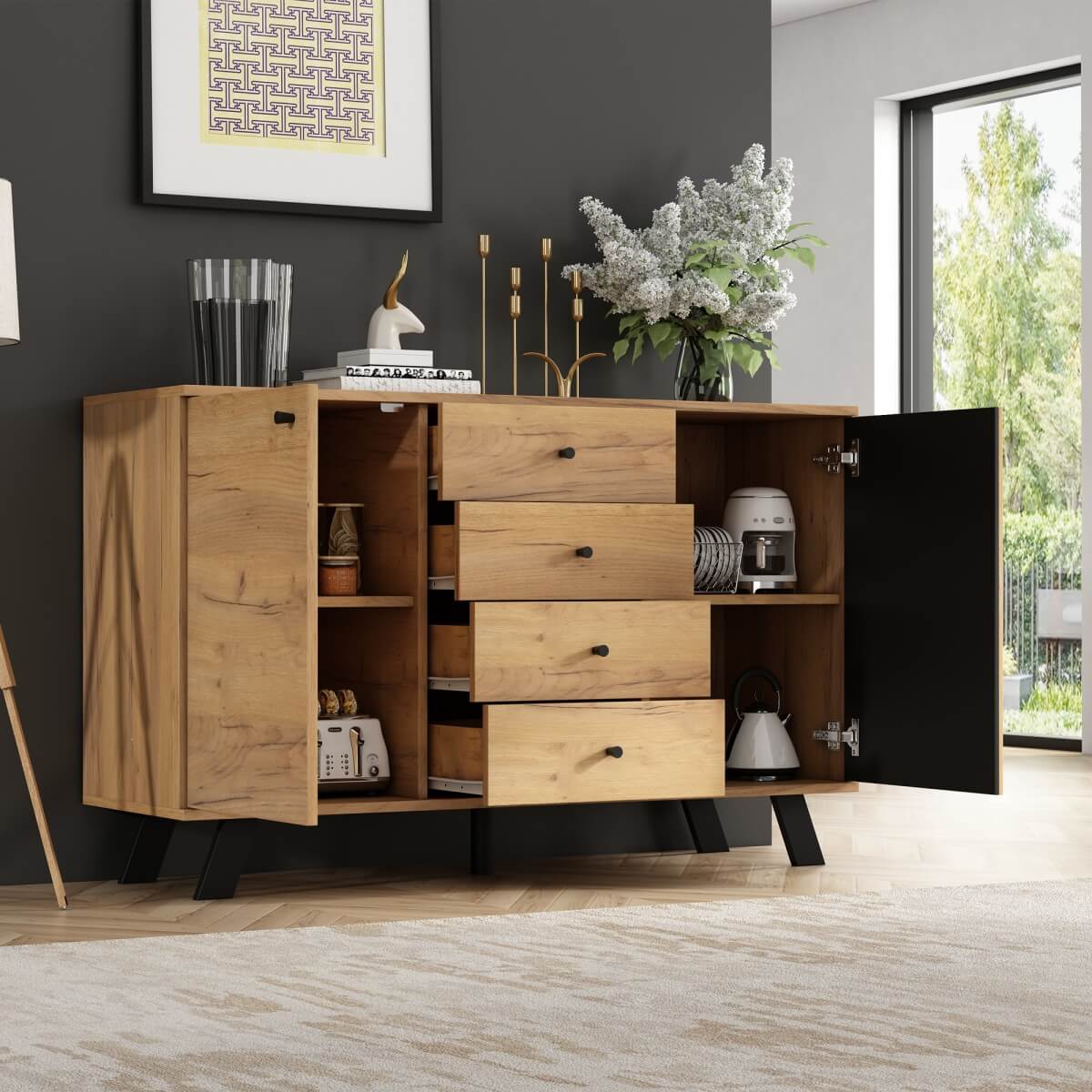 Dark Oak Effect Sideboard with 4 Drawers and 2 Doors - Wooden Storage Cabinet with Slatted Door Design