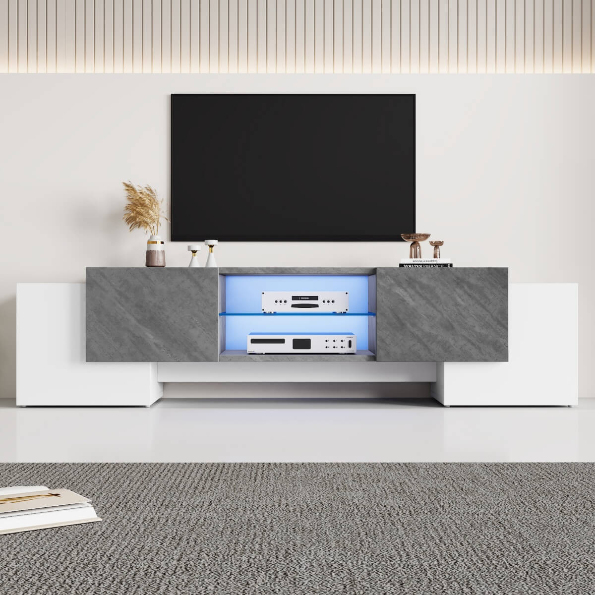 TV Stand with LED Lights - 4 Doors & 2 Open Storage Compartments, White & Grey MDF, 180x40x46.5cm, Fits Up to 80" TV