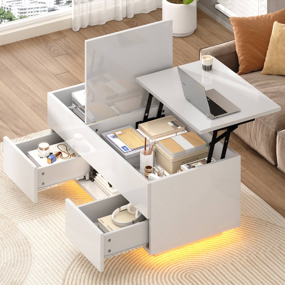 Lift-Top Coffee Table with LED Lights - High Gloss Centre Table with 2 Drawers & Hidden Storage for Living Room