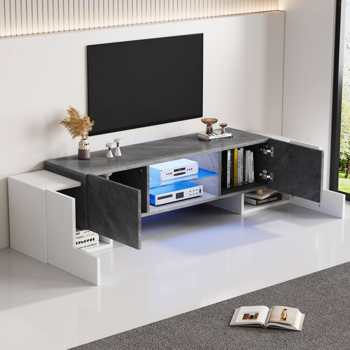 TV Stand with LED Lights - 4 Doors & 2 Open Storage Compartments, White & Grey MDF, 180x40x46.5cm, Fits Up to 80" TV