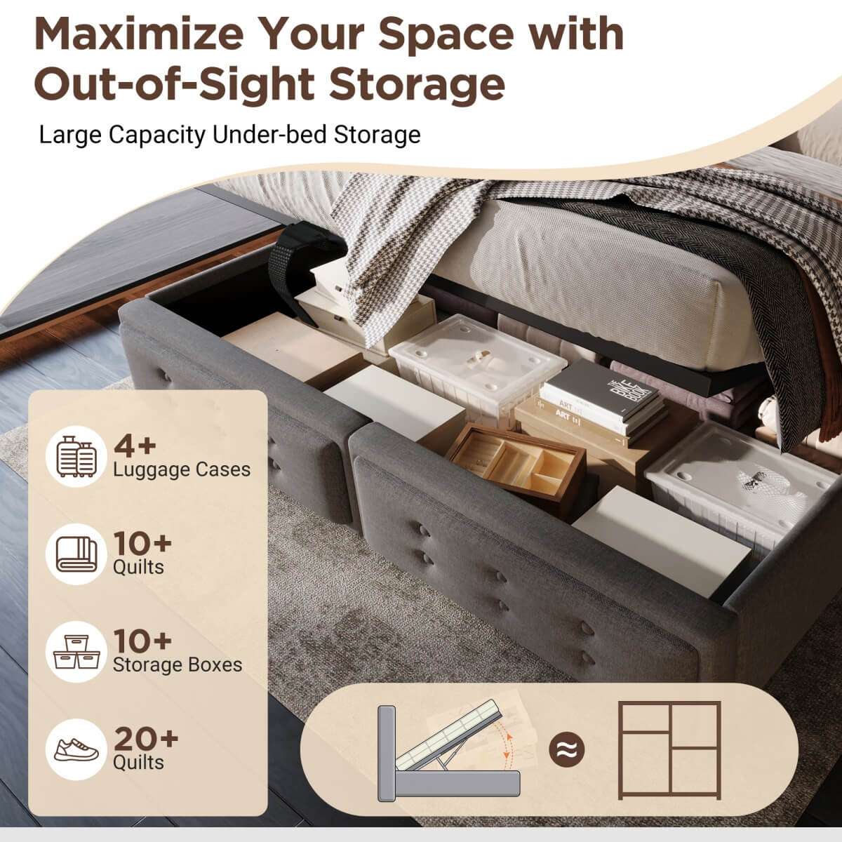 5ft King Upholstered Storage Bed - Hydraulic Bed Frame with LED Headboard, USB & Type-C Charging, Linen, Grey