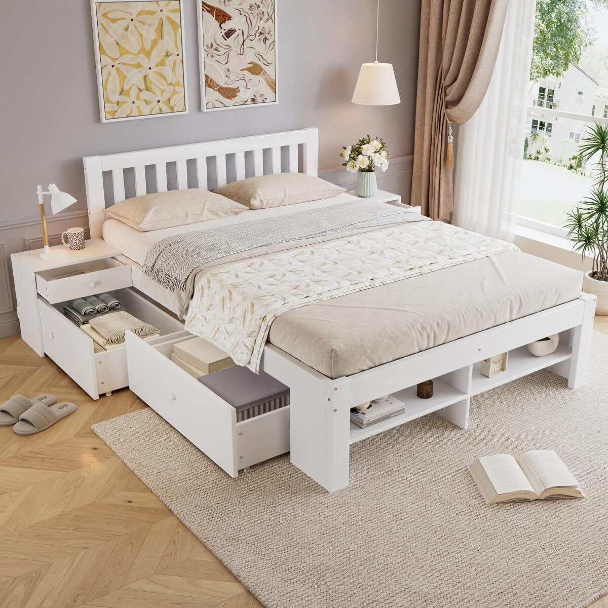 4ft6 Double Wooden Storage Bed with 2 Bedside Tables & 2 Drawers - Sturdy Bed Frame with Reversible Storage Compartments, White