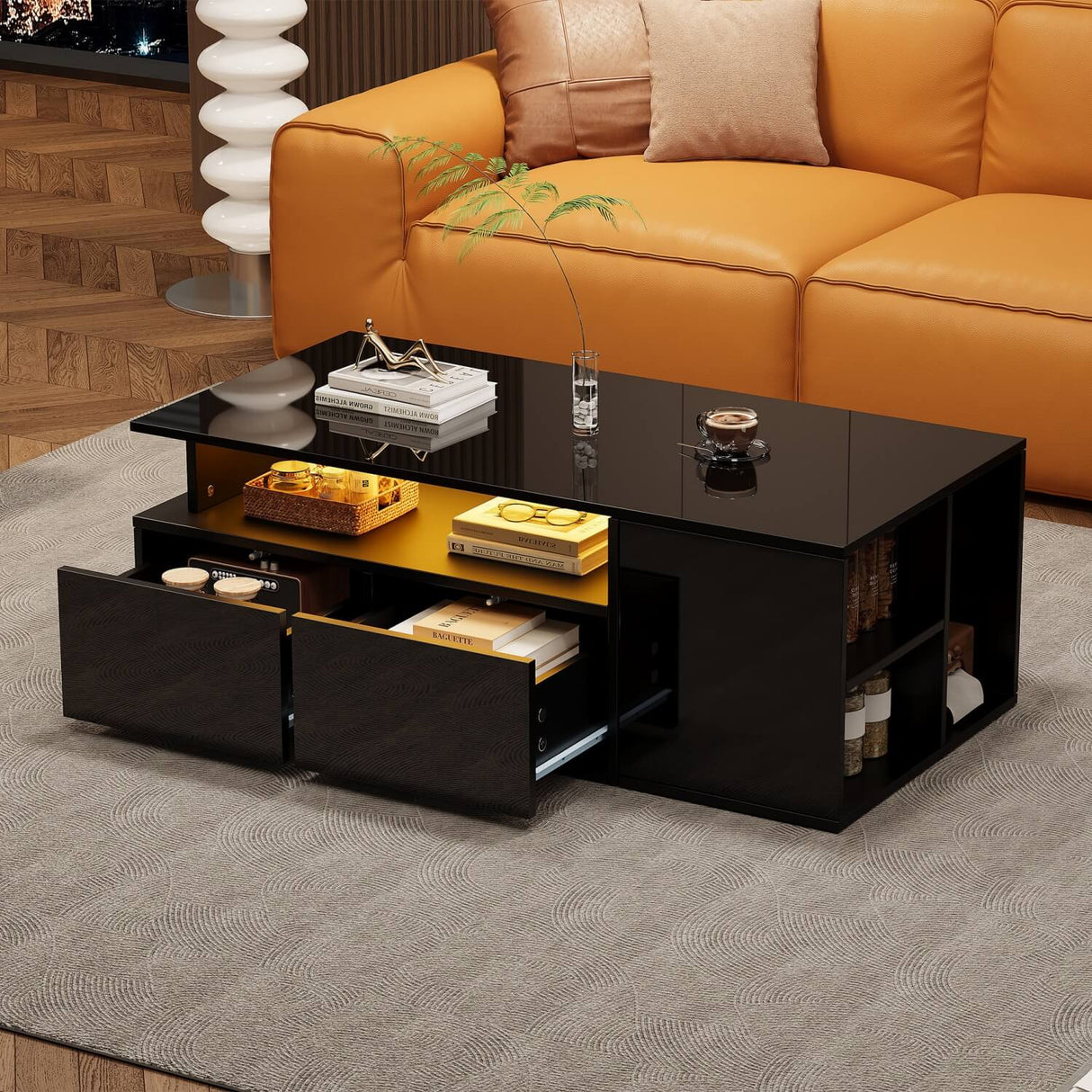 High Gloss Black Coffee Table with LED Lights — Storage Centre Table with 2 Drawers