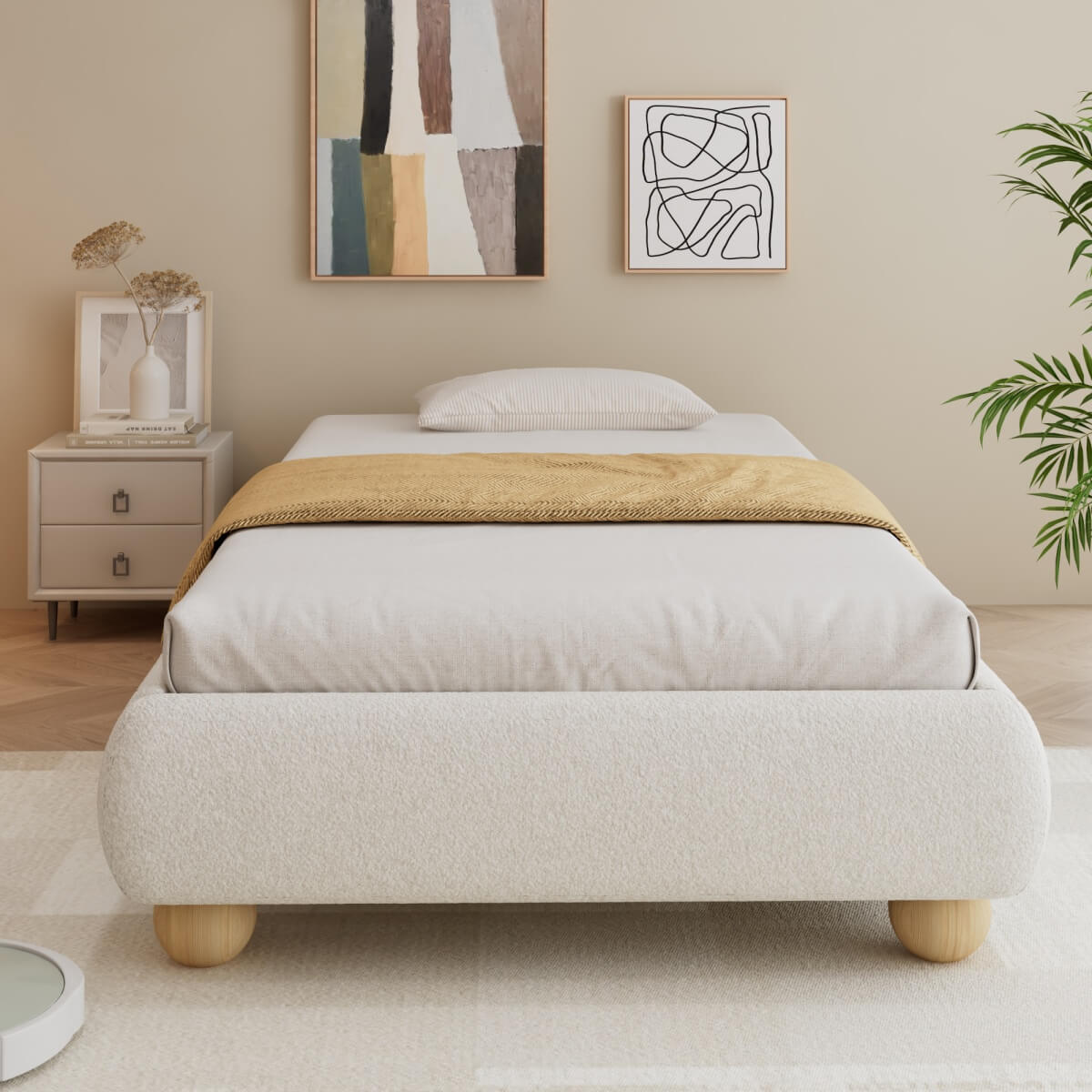 3ft Single Upholstered Bed Frame – Beige Boucle Bed with Sturdy Slats, 90×190cm