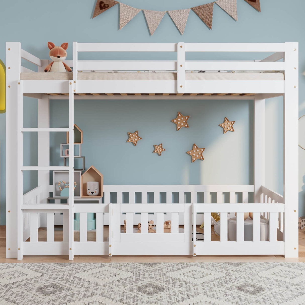 3ft White Solid Wood Bunk Bed — Children's Bed with Safety Rails, Fences & Door - Abrihome UK