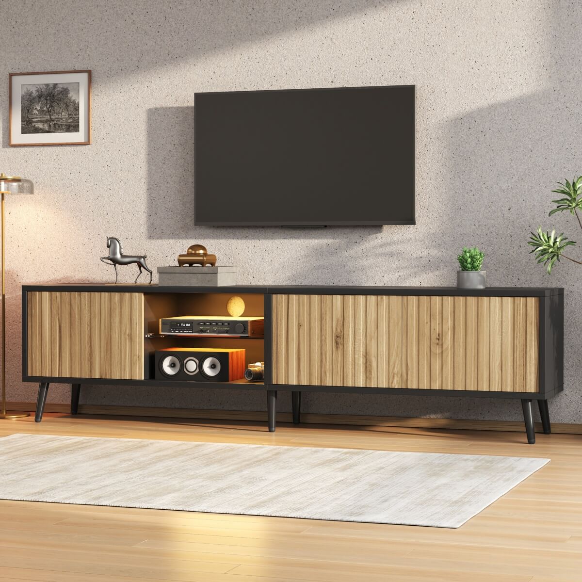 175cm Mid-Century Modern LED TV Stand - Black Media Console with Storage Cabinets