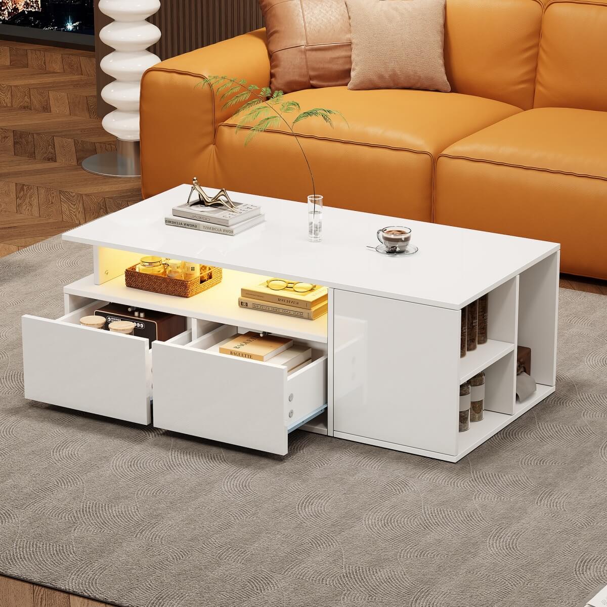 High Gloss Coffee Table with LED Lights - White Centre Table with 2 Drawers & Open Storage