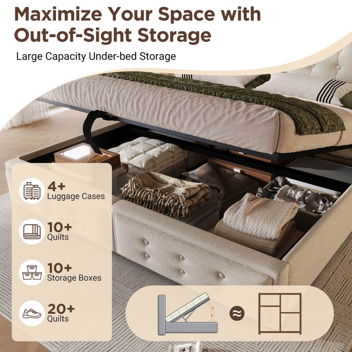 5ft King Upholstered Storage Bed - Hydraulic Bed Frame with LED Headboard, USB & Type-C Charging, Linen, Beige
