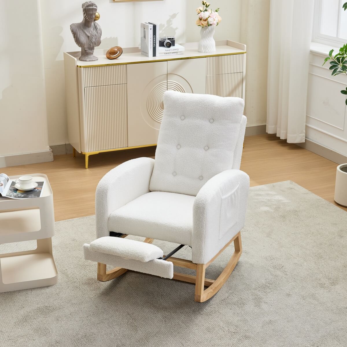 Rocking Chair with USB Charging Ports - Teddy Fabric Nursing Chair with Adjustable Footrest, Side Pocket for Nursery, Living Room & Bedroom, White