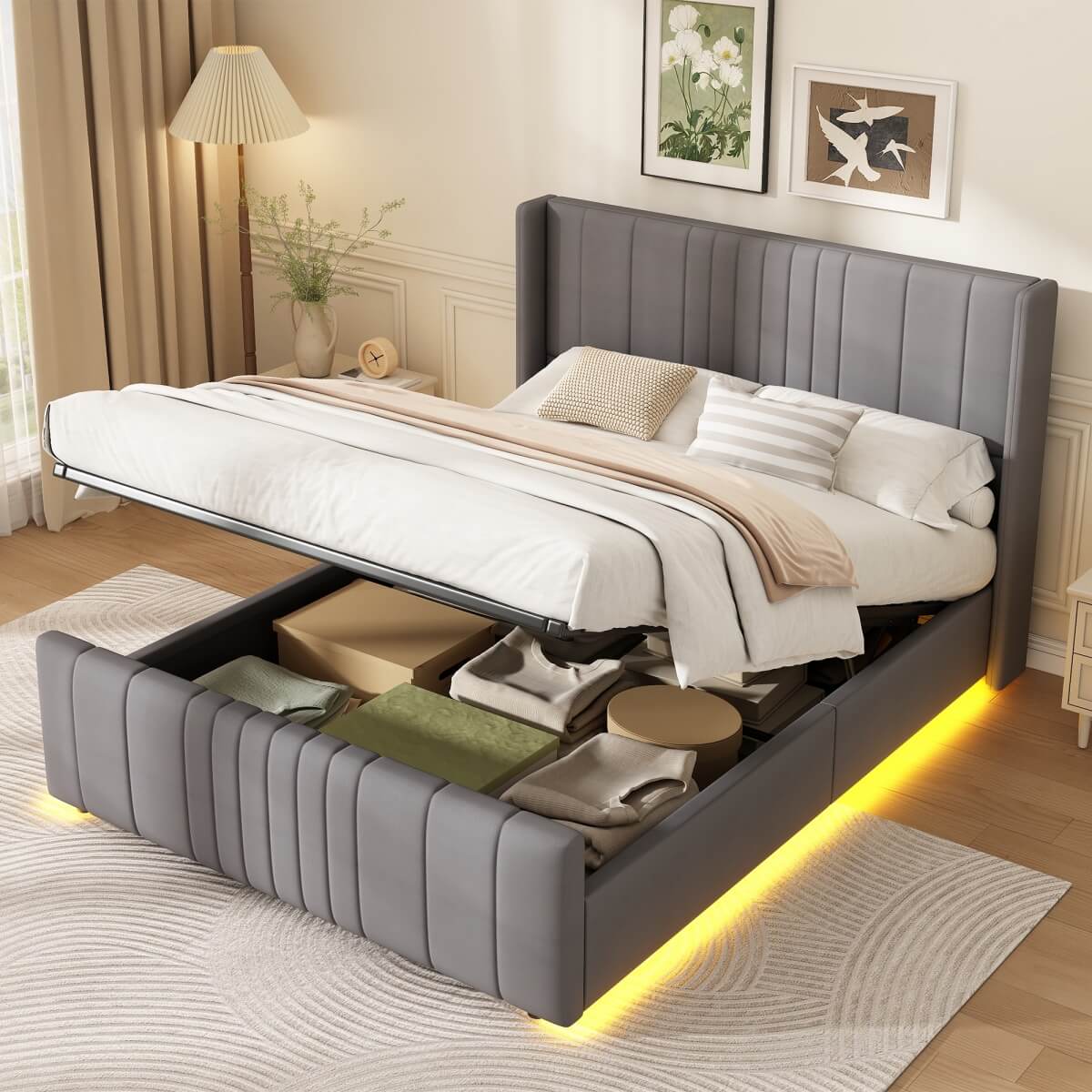 4ft6 Double Velvet Ottoman Storage Bed with LED Lighting - Upholstered Hydraulic Bed Frame with Plywood Base, Grey