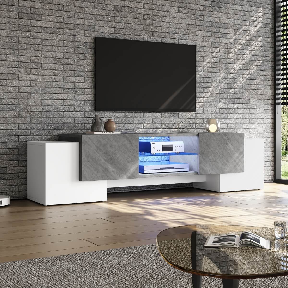 TV Stand with LED Lights - 4 Doors & 2 Open Storage Compartments, White & Grey MDF, 180x40x46.5cm, Fits Up to 80" TV