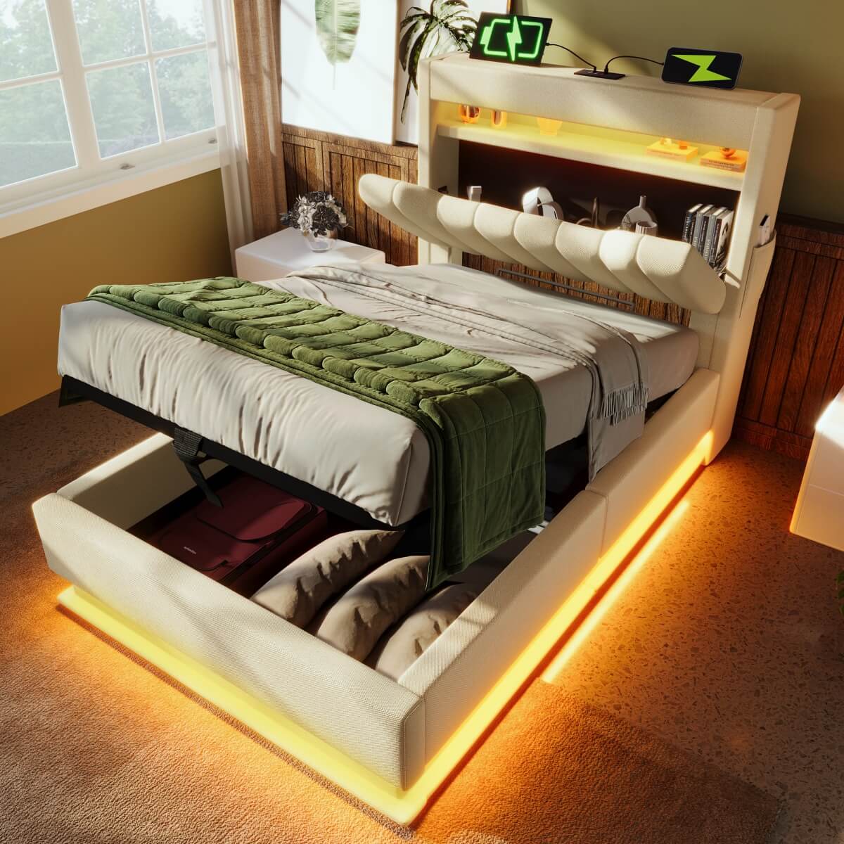 3ft Single Ottoman Bed Frame with LED Headboard - Upholstered Linen Bed with Hydraulic Storage, USB-C Charging and Headboard Storage for Phones and Tablets, Beige