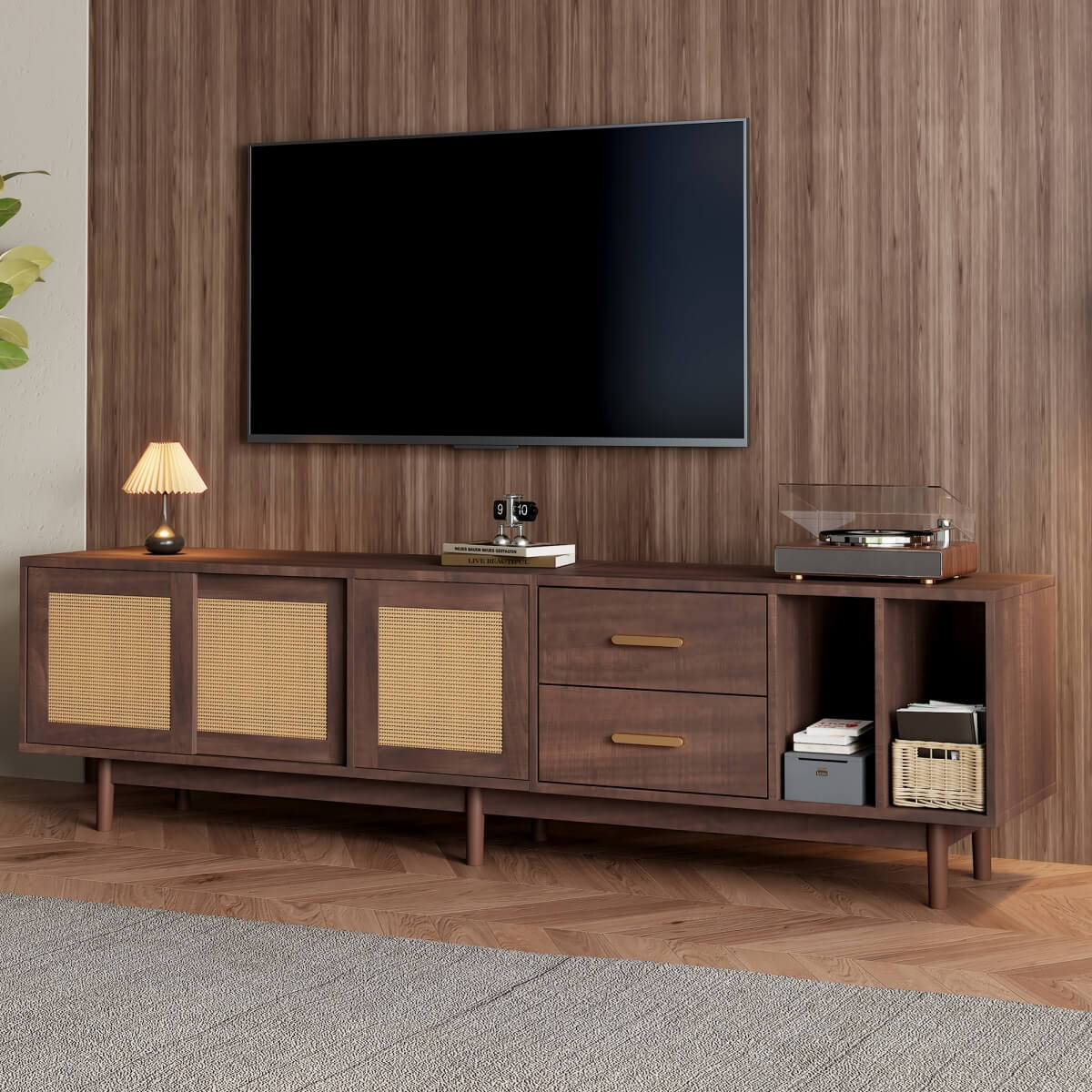 Rattan TV Stand with Sliding Doors - 2 Drawer Storage TV Unit, Dark Wood, Fits up to 80 Inch TV