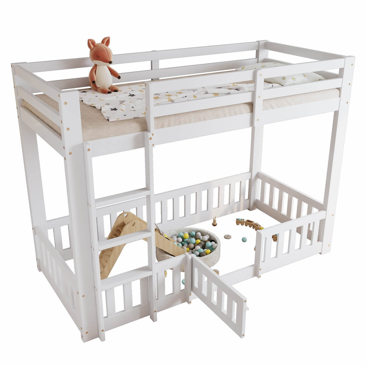 3ft White Solid Wood Bunk Bed — Children's Bed with Safety Rails, Fences & Door