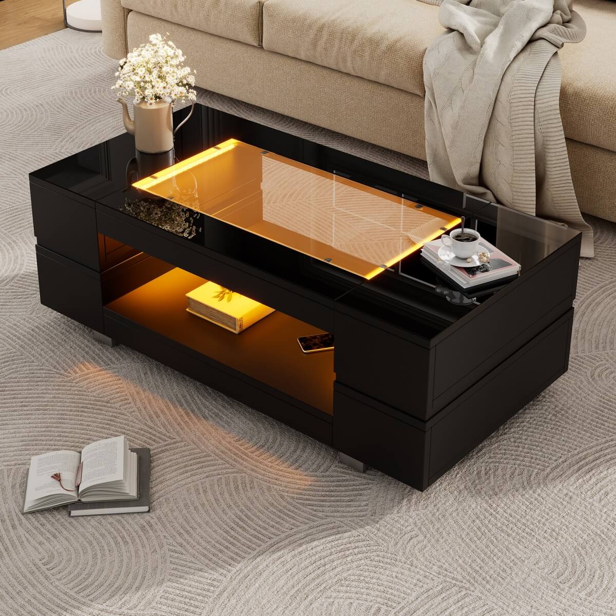 High Gloss Coffee Table with LED Lights – Black Centre Table with Glass Top & Open Storage