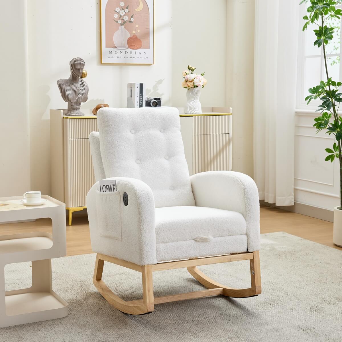 Rocking Chair with USB Charging Ports - Teddy Fabric Nursing Chair with Adjustable Footrest, Side Pocket for Nursery, Living Room & Bedroom, White