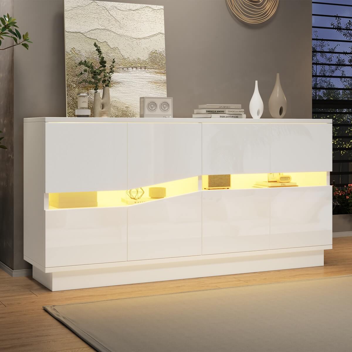 High Gloss White Sideboard with LED Lights - Modern Freestanding Storage Cabinet with 2 Adjustable Shelves and 4 Storage Compartments for Dining and Living Room