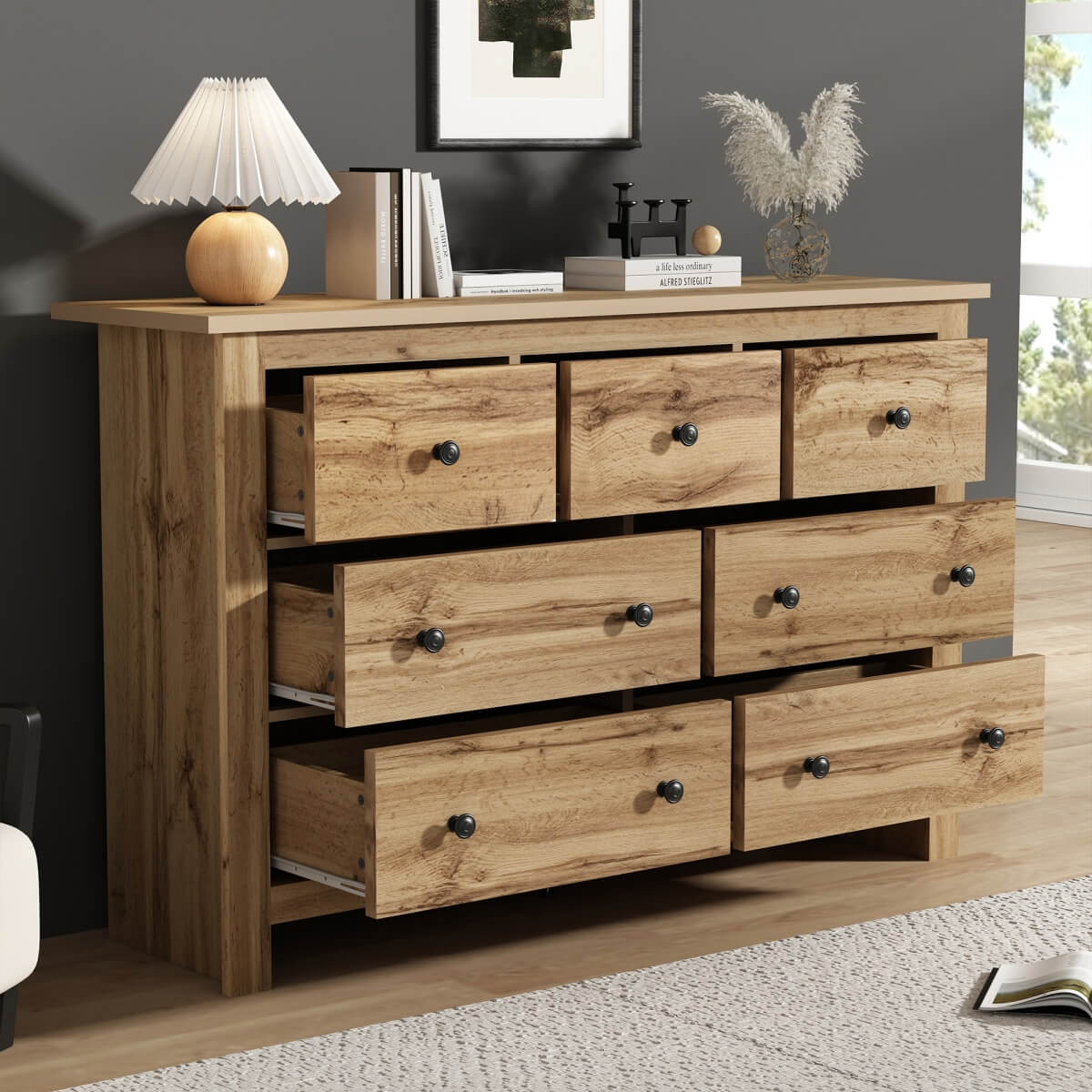 Modern Vintage Storage Sideboard with 7 Drawers - Multi-Room Cabinet, Wood Color