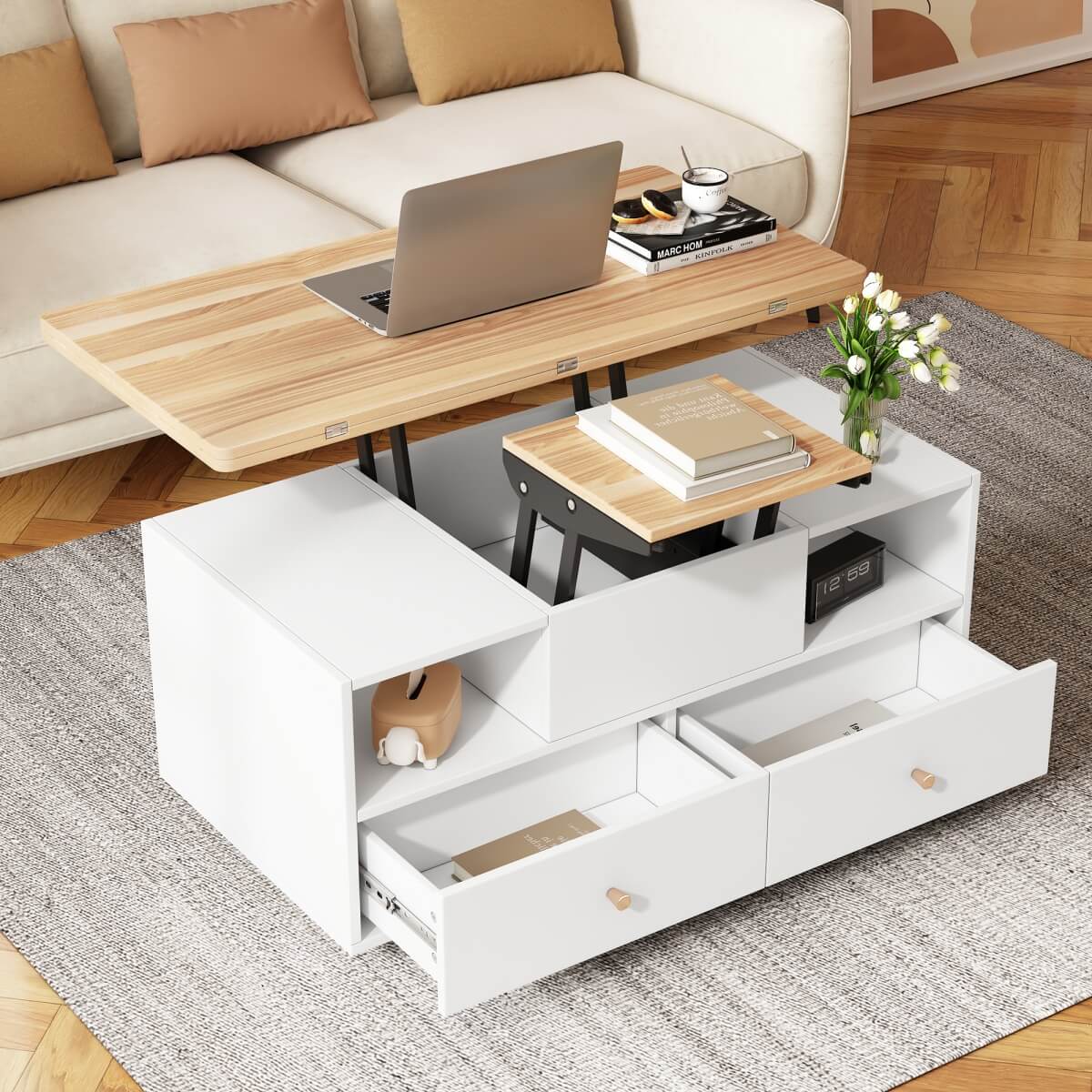 Lift-Top Coffee Table with Storage & Wheels - Extendable Dual Platform Living Room Centre Table