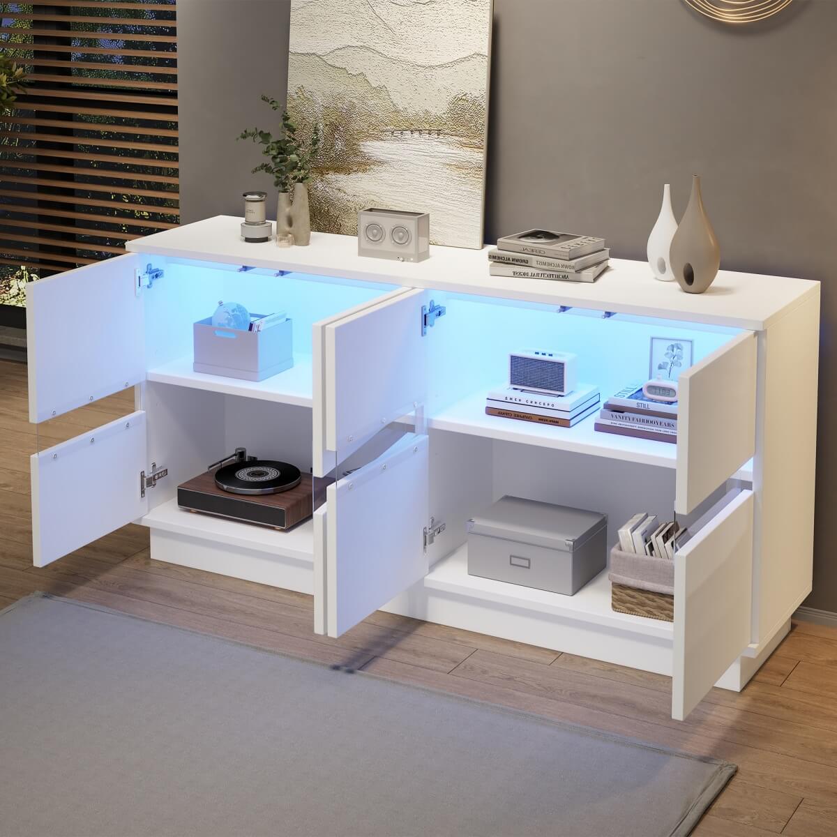 High Gloss White Sideboard with LED Lights - Modern Freestanding Storage Cabinet with 2 Adjustable Shelves and 4 Storage Compartments for Dining and Living Room